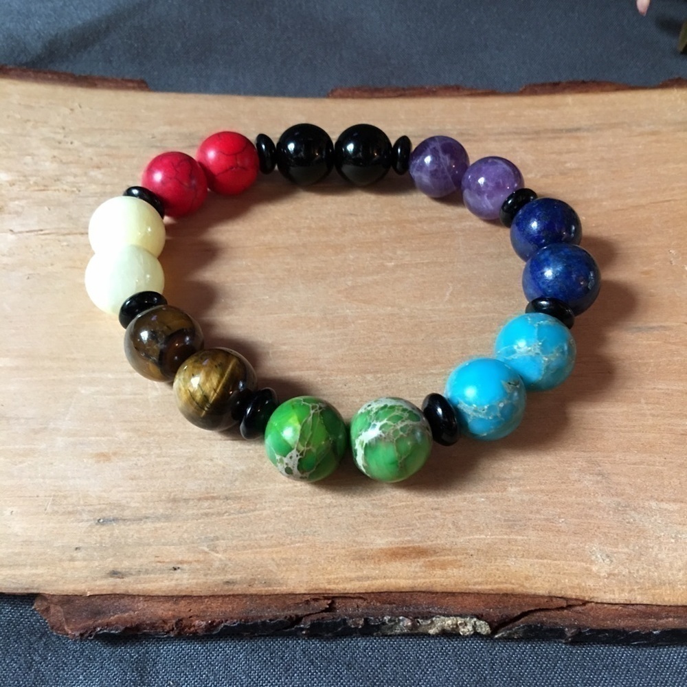 Chakra and black jasper stretch beaded bra…